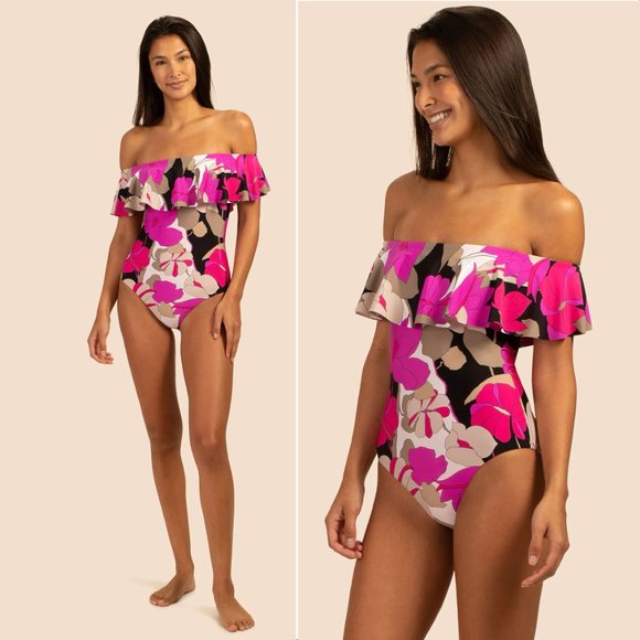 TRINA TURK Lynx Gemini Ruffle Off the Shoulder One Piece SWIMSUIT 4 Floral $162 - Picture 2 of 10